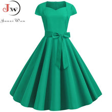 Load image into Gallery viewer, 2019 Summer Solid Yellow Color 50s 60s Vintage Dress Women Short Sleeve Square Collar Elegant Office Party Midi Dresses Belt