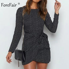 Load image into Gallery viewer, Forefair Polka Dot Tied Mini Wrap Dress Women Party High Waist A Line O Neck Transparent Chiffon Black Long Sleeve Sexy Dress