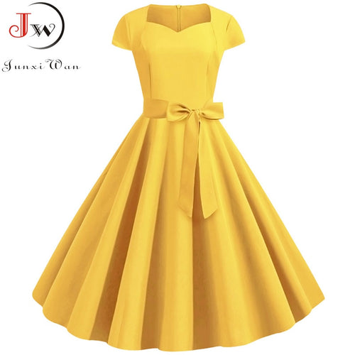 2019 Summer Solid Yellow Color 50s 60s Vintage Dress Women Short Sleeve Square Collar Elegant Office Party Midi Dresses Belt