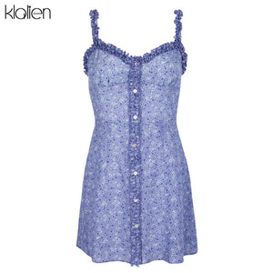KLALIEN Women Summer fit and flare Sexy Dress flower Print button Halter Sleeveless Bodycon Dress Fashion Casual mini lady new