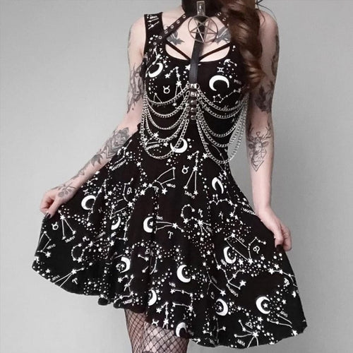 JIEZuoFang Summer Black Dress Women Club Street Gothic Punk Cool Crop Top Sleeveless Moon Star Print Sexy Short Vestidos Femme
